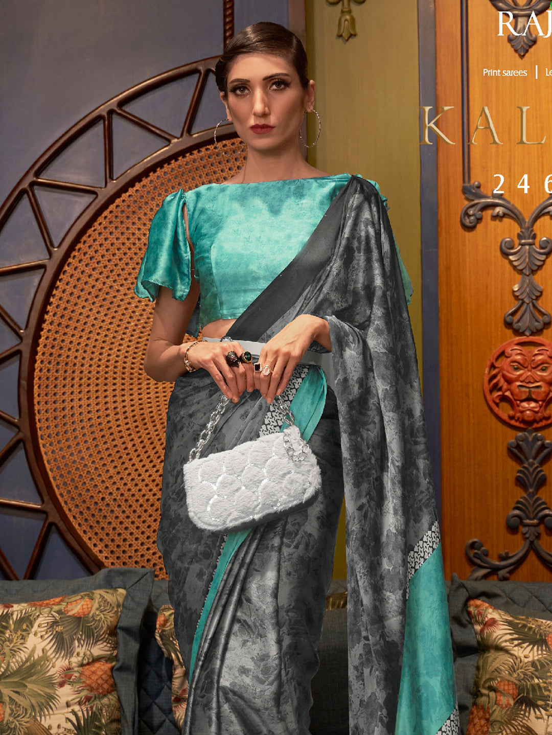 3. An exquisite floral print sari in multiple colors, designed for luxe festive occasions, combining elegance and modern style.