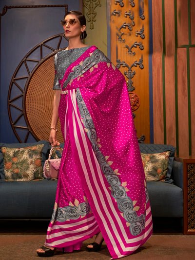 Barbie pink and ash grey Bollywood crepe saree featuring stylish digital print, perfect for festive occasions.