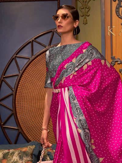 Elegant Barbie pink and ash grey Bollywood-style crepe saree adorned with stylish digital prints, suitable for festive celebrations.