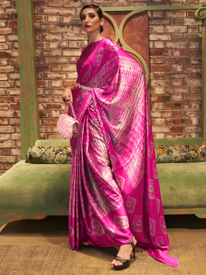 Barbie pink Bollywood crepe saree featuring stylish digital print, perfect for festive occasions.
