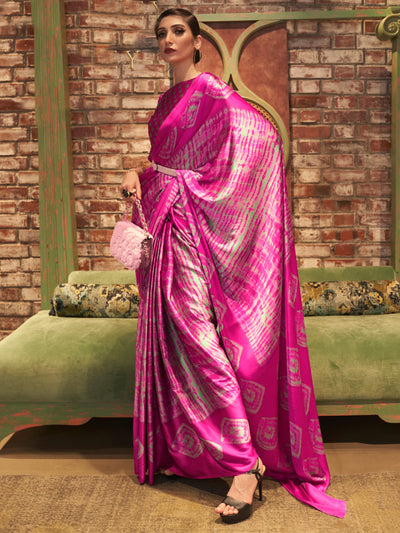 Barbie pink Bollywood crepe saree featuring stylish digital print, perfect for festive occasions.