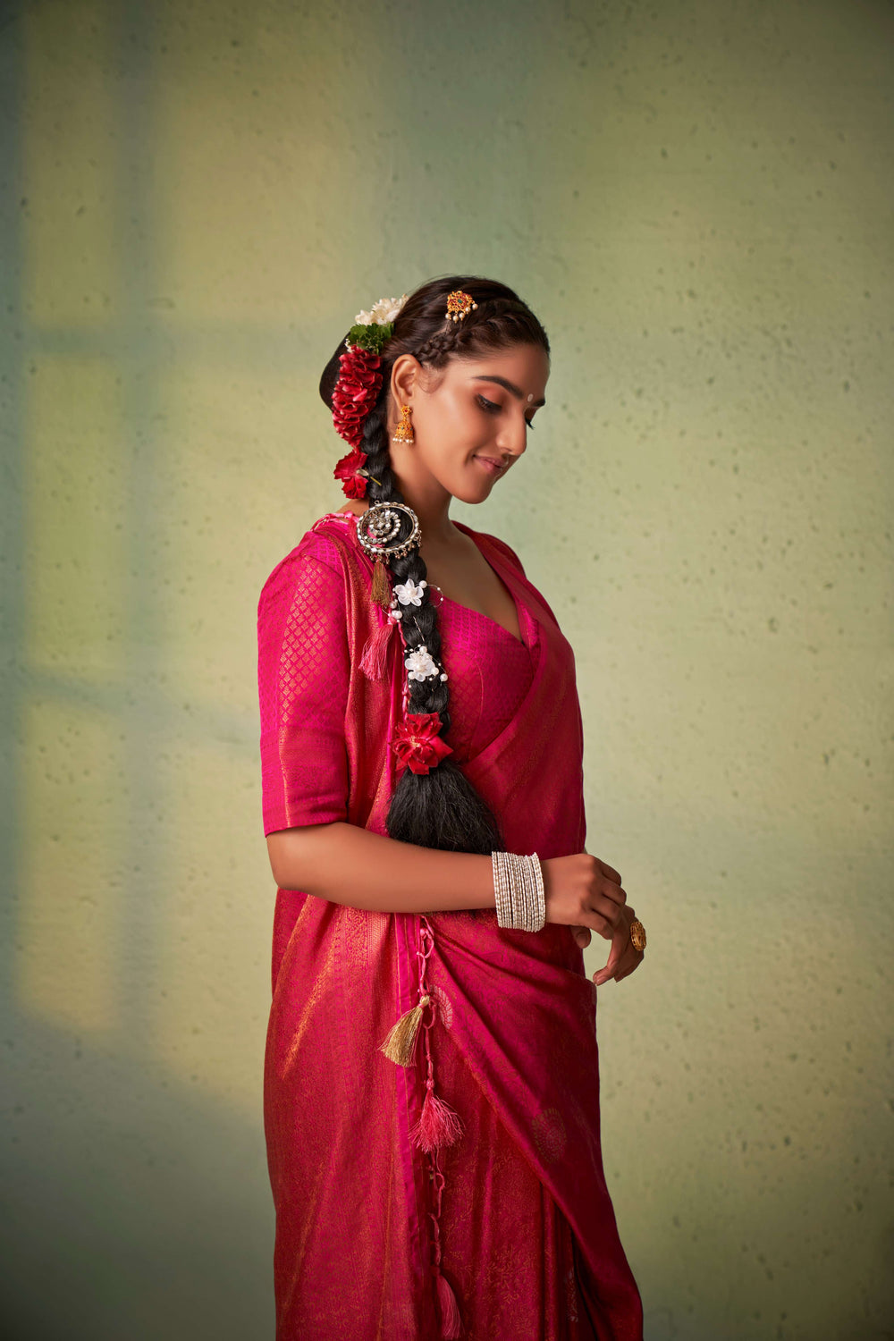 Side angle showing rich fabric texture and border design.