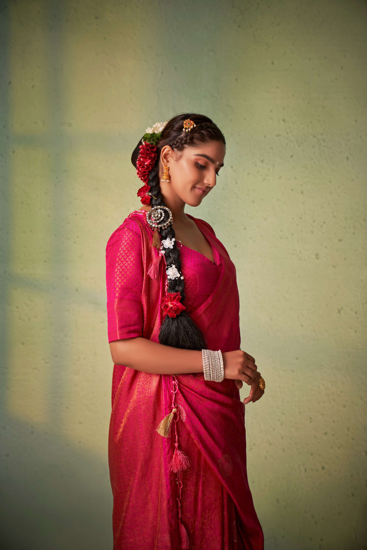 Side angle showing rich fabric texture and border design.