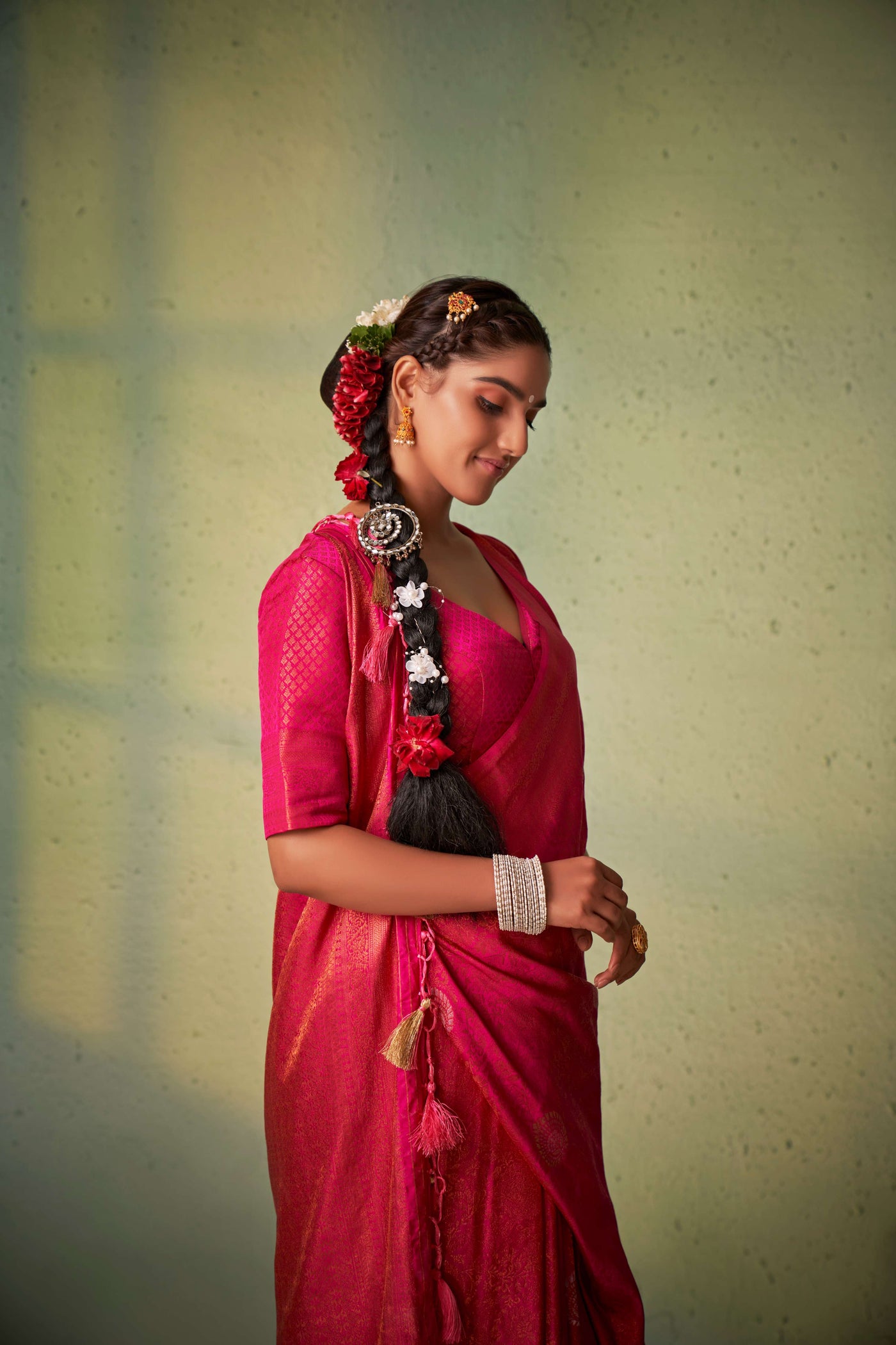 Side angle showing rich fabric texture and border design.
