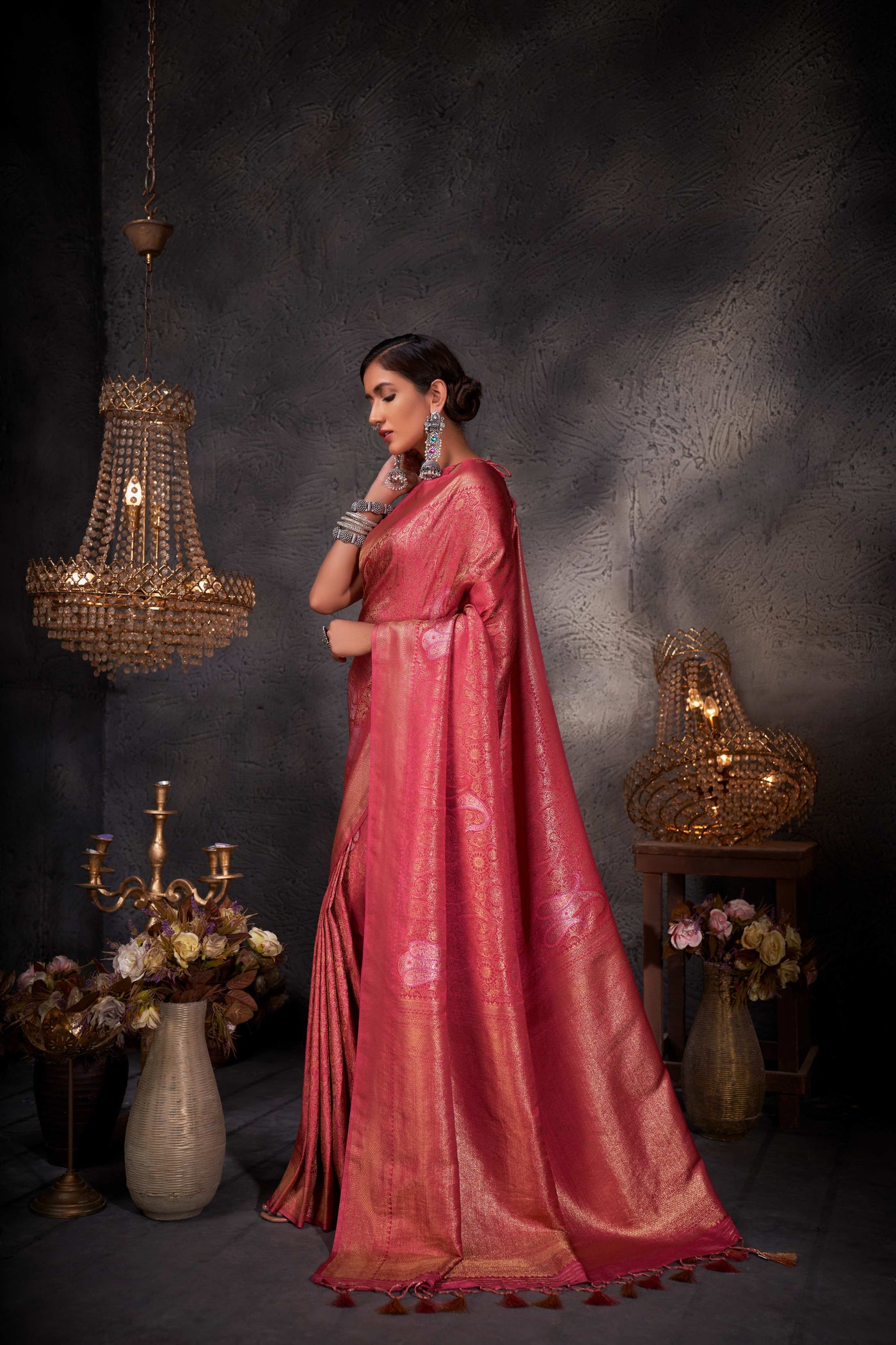 Overhead flat lay highlighting the saree and unstitched blouse piece.