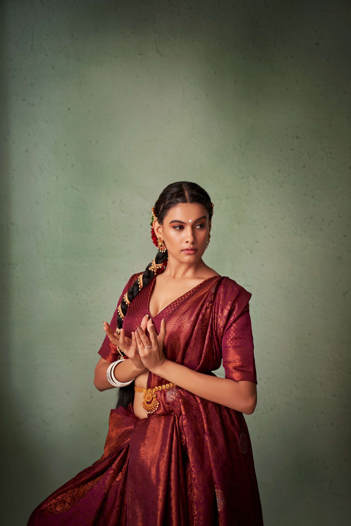 Bridal look with maroon Kanjeevaram silk saree.