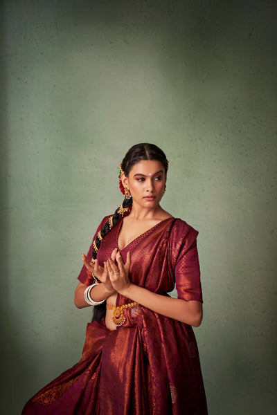 Bridal look with maroon Kanjeevaram silk saree.