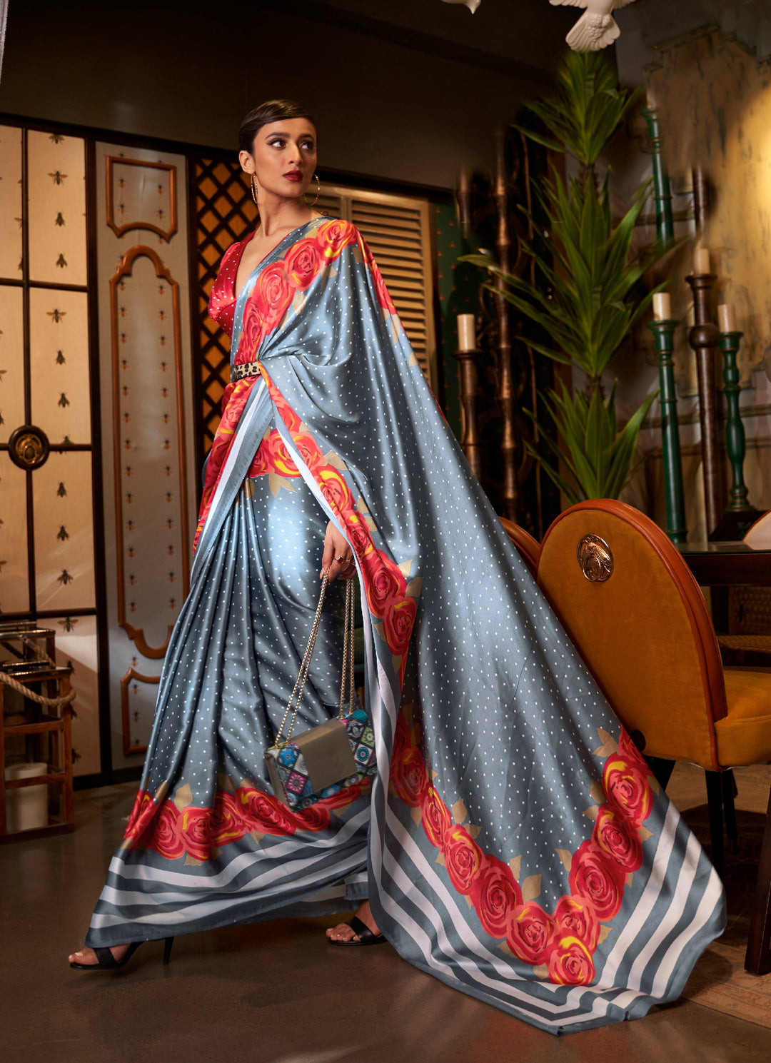 Cadet grey and fire engine red Bollywood crepe saree featuring stylish digital print, ideal for festive occasions."