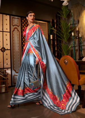 Cadet grey and fire engine red Bollywood crepe saree featuring stylish digital print, ideal for festive occasions."