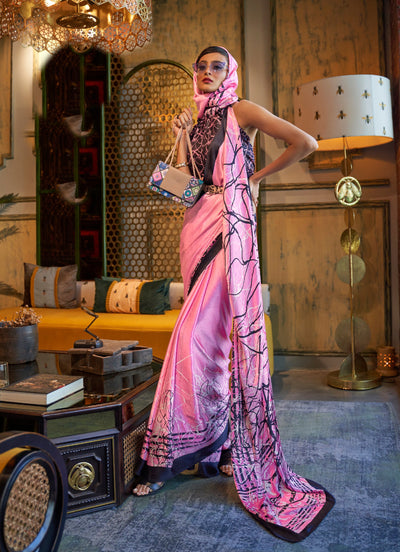 Carnation pink and licorice Bollywood crepe saree featuring stylish digital print, perfect for festive occasions.