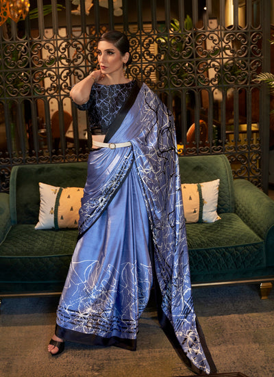 Carolina blue and licorice Bollywood crepe saree featuring stylish digital print, perfect for festive occasions.