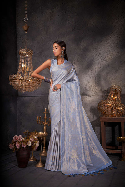 Over-the-shoulder view highlighting zari shimmer and fabric detail