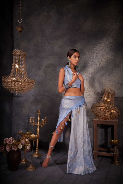 Rear shot of the pallu draped elegantly, showing weave details