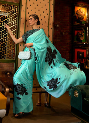 Cyan blue and smoky black Bollywood crepe saree featuring stylish digital print, perfect for festive occasions.