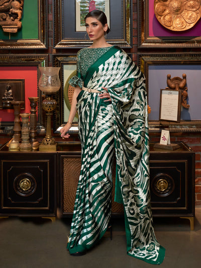 Ivory and Brunswick green Bollywood crepe saree featuring stylish digital print, perfect for festive occasions.