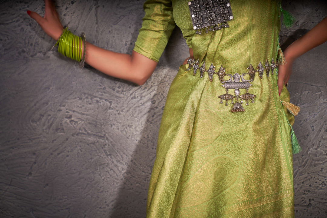 Detail of fabric texture and zari motif — a tribute to traditional craftsmanship.