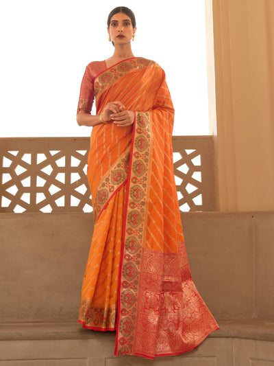 Flame Orange Patola Silk Blend Saree