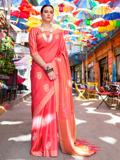 Watermelon  Red Kanjeevaram Silk Blend Saree