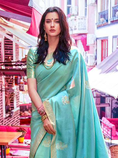 Turquoise  Blue Kanjeevaram Silk Blend Saree