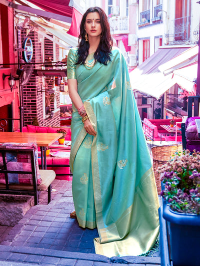 Turquoise  Blue Kanjeevaram Silk Blend Saree