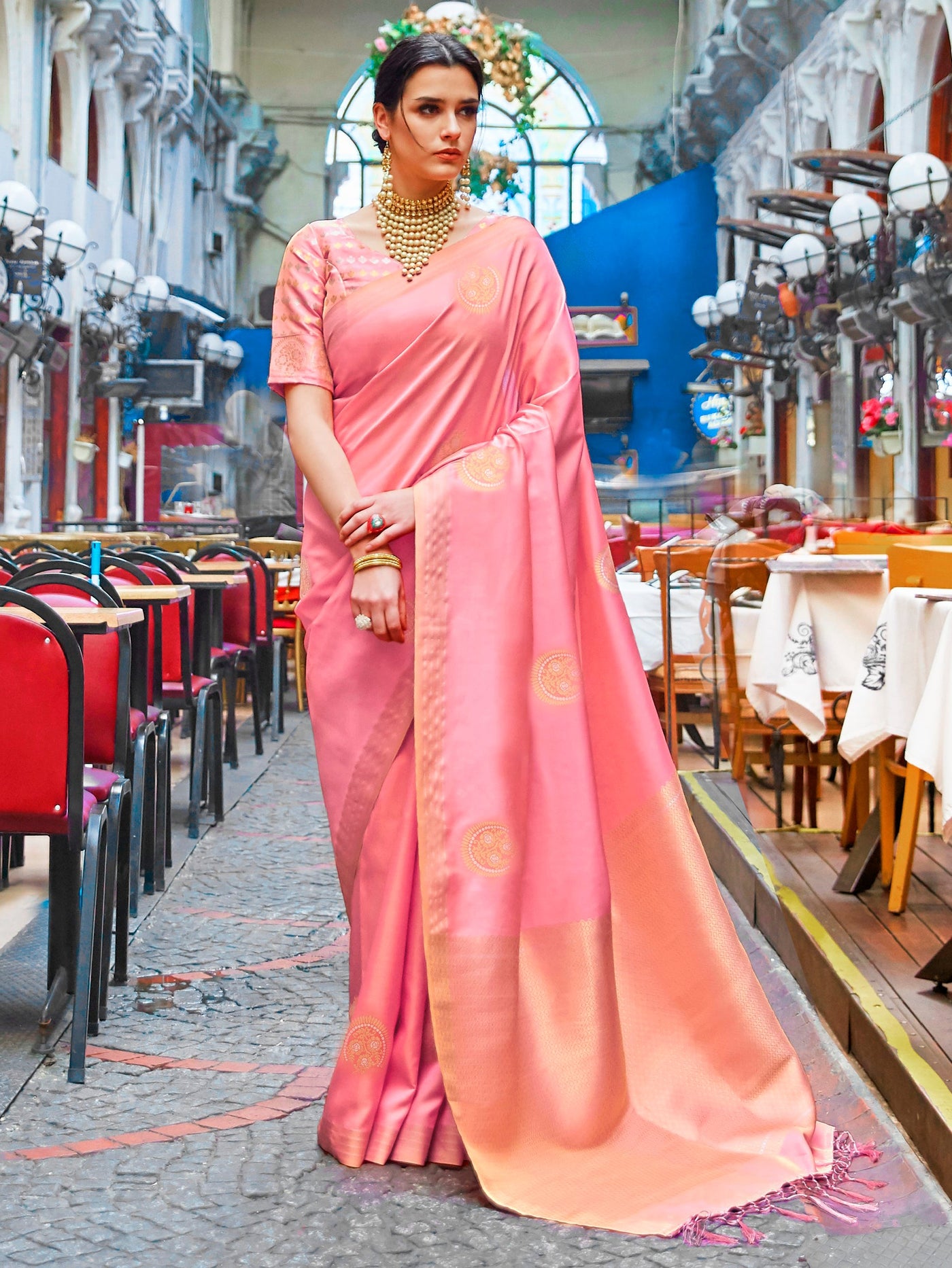 Salmon  Pink Kanjeevaram Silk Blend Saree