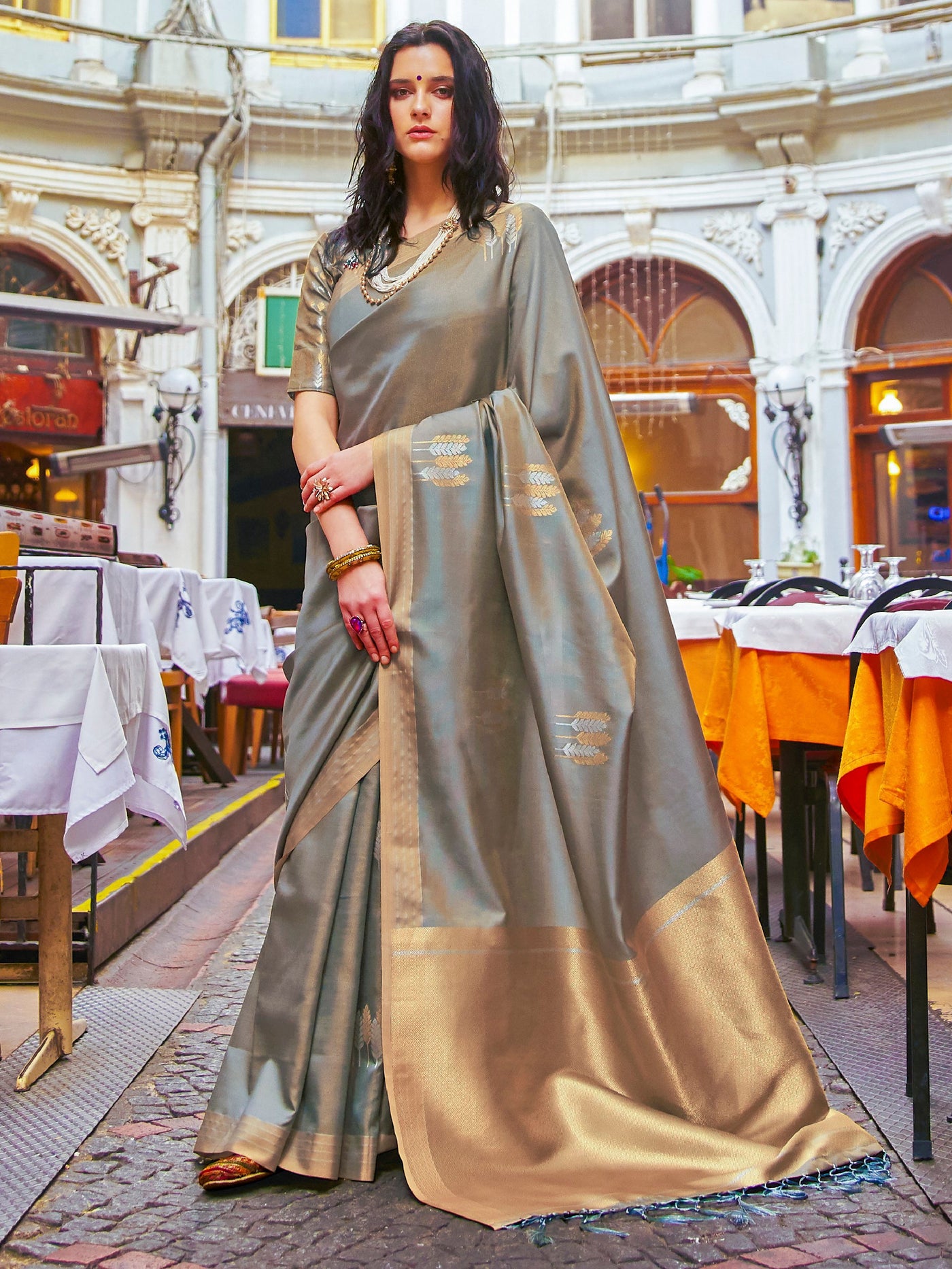 Ash Grey  Kanjeevaram Silk Blend Saree