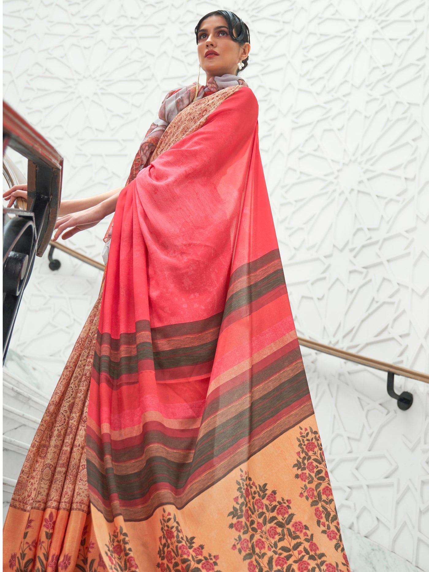 Peach  Red Bollywood Crepe Saree