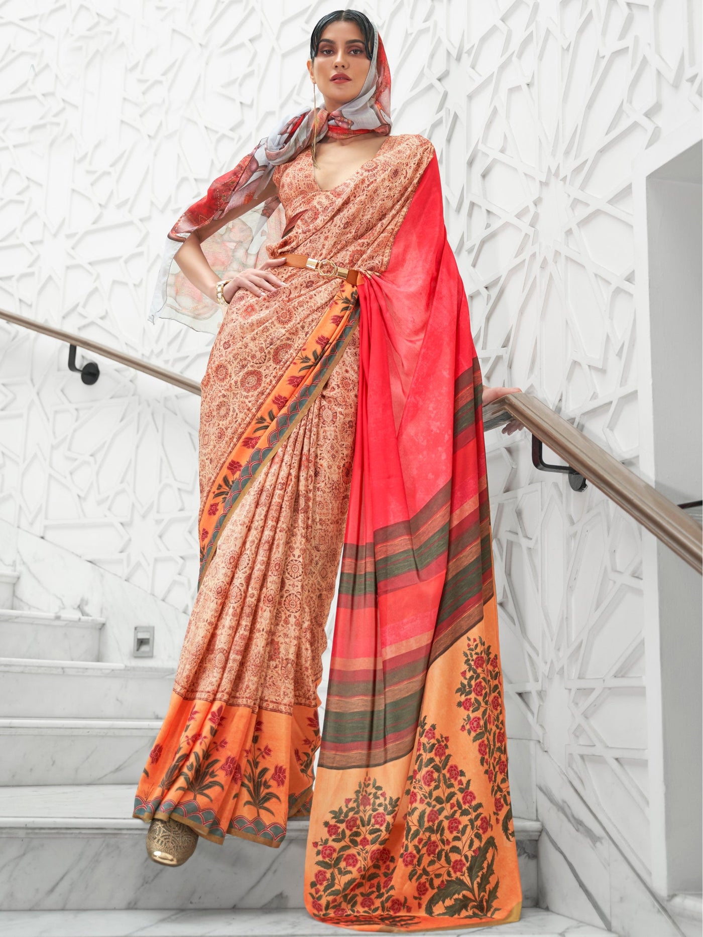 Peach  Red Bollywood Crepe Saree