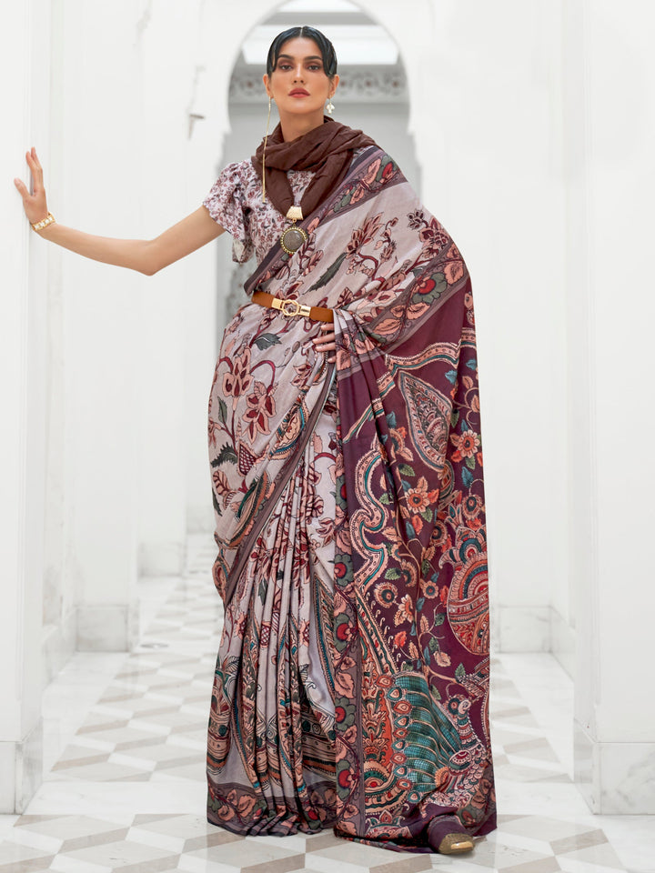 Pink Grey Bollywood Crepe Saree