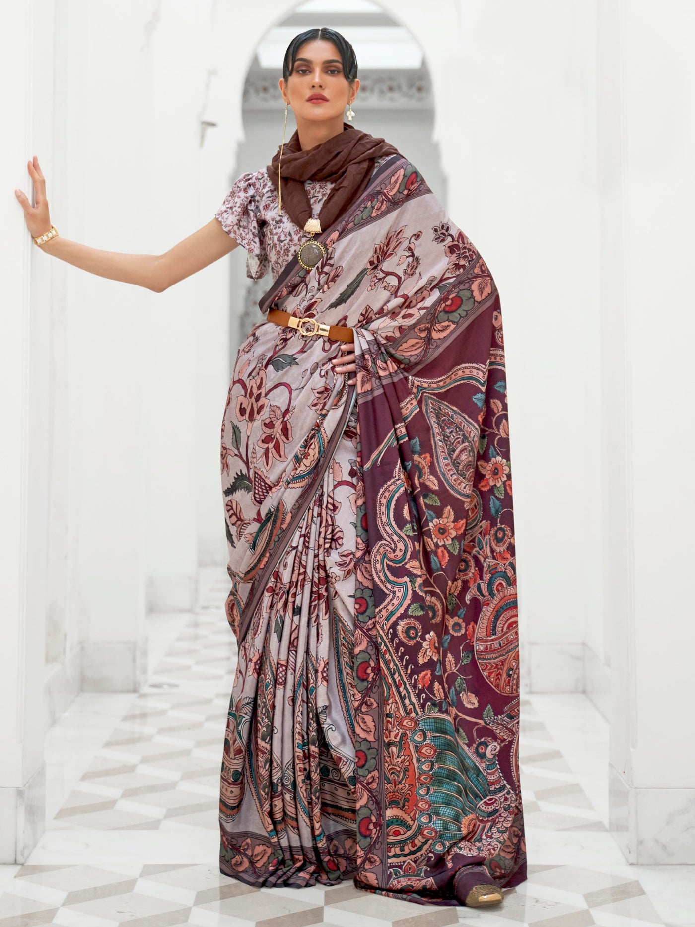 Pink Grey Bollywood Crepe Saree