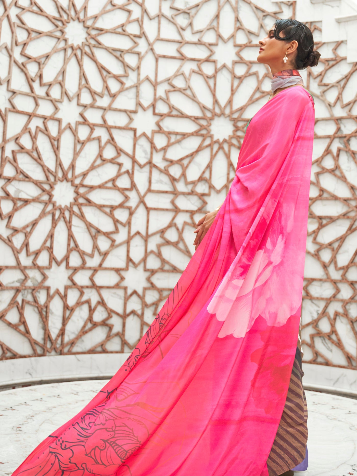 Hot Pink-Majorelle Bule-Walnut Brown Bollywood Crepe Saree
