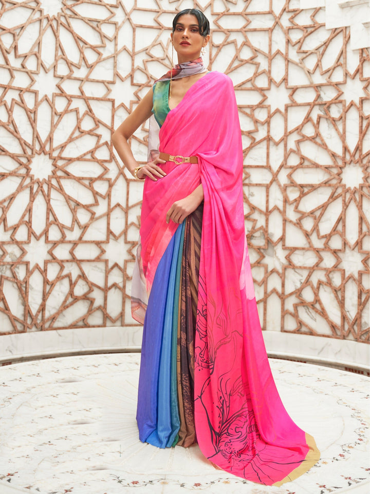 Hot Pink-Majorelle Bule-Walnut Brown Bollywood Crepe Saree Rajtex