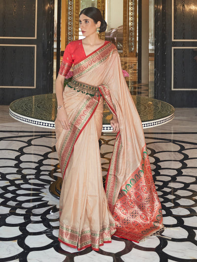 Light Cream Banarasi Silk Blend Saree