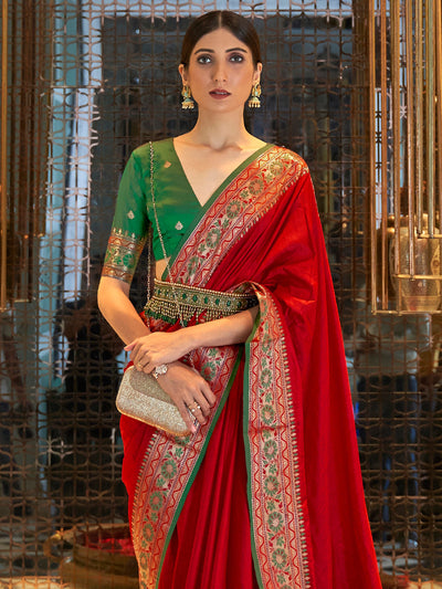 Ruby  Red Banarasi Silk Blend Saree