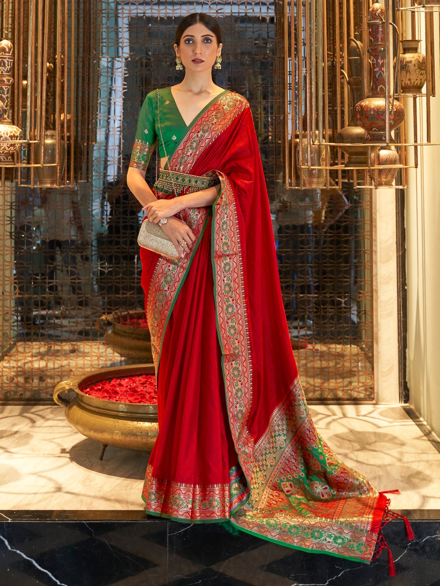 Ruby  Red Banarasi Silk Blend Saree