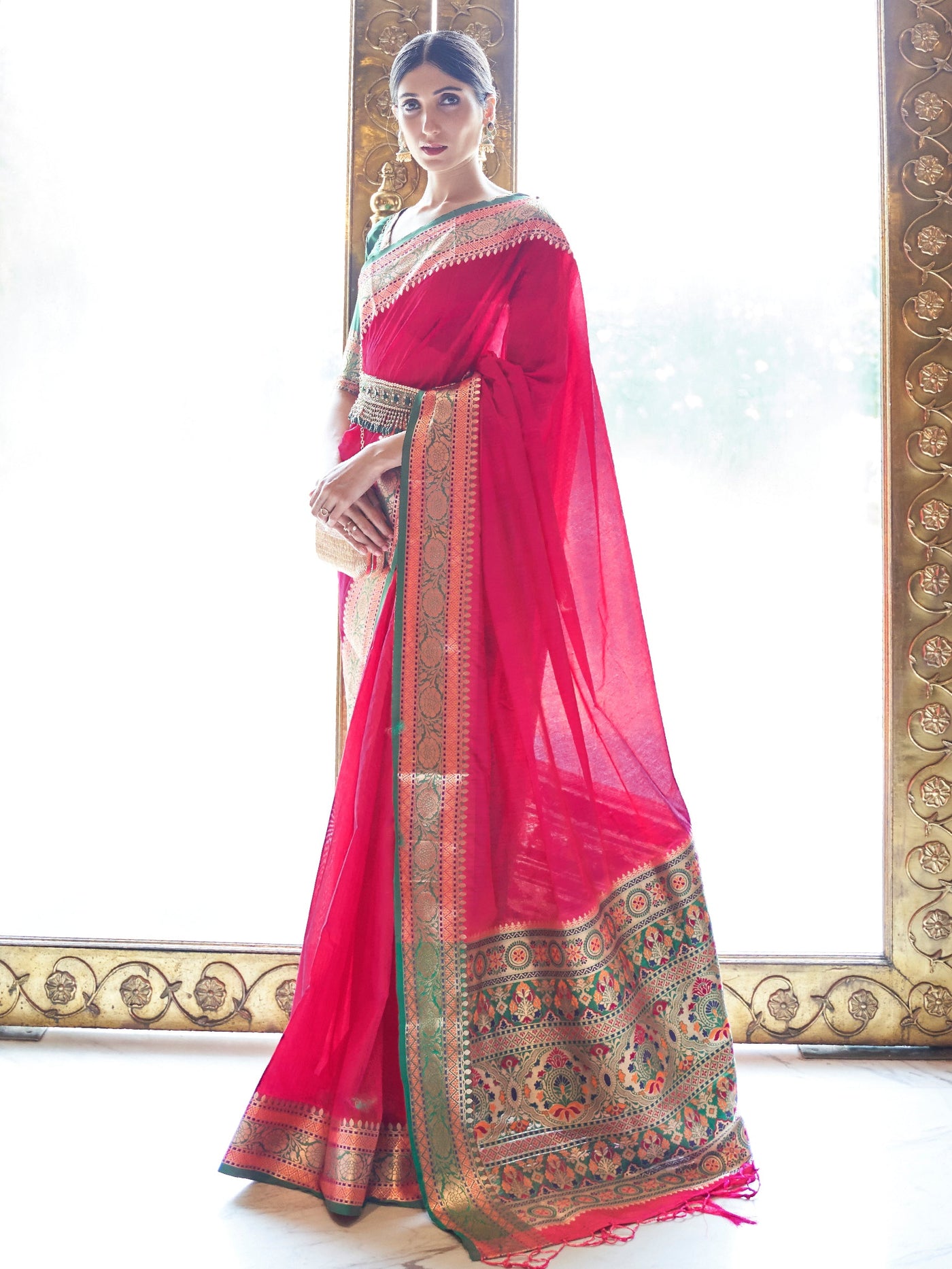 Cerise  Red Banarasi Silk Blend Saree