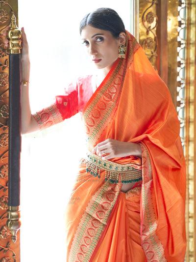 Fulvous  Orange Banarasi Silk Blend Saree