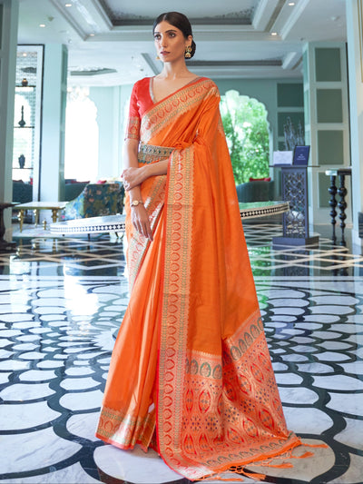 Fulvous  Orange Banarasi Silk Blend Saree