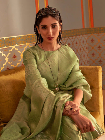 Asparagus  Green Kanjeevaram Satin Saree