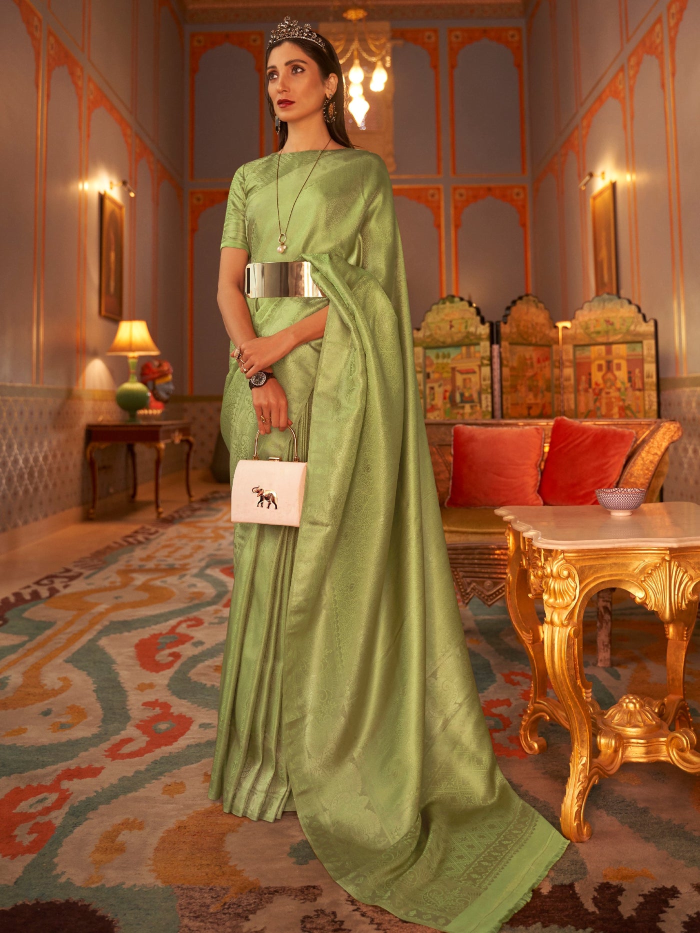 Asparagus  Green Kanjeevaram Satin Saree