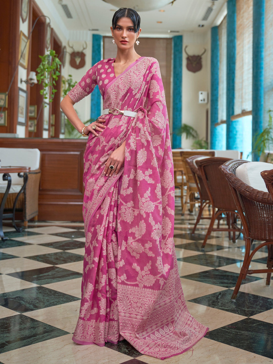 Neon Pink Lucknowi Chikan Saree | House of Vardha