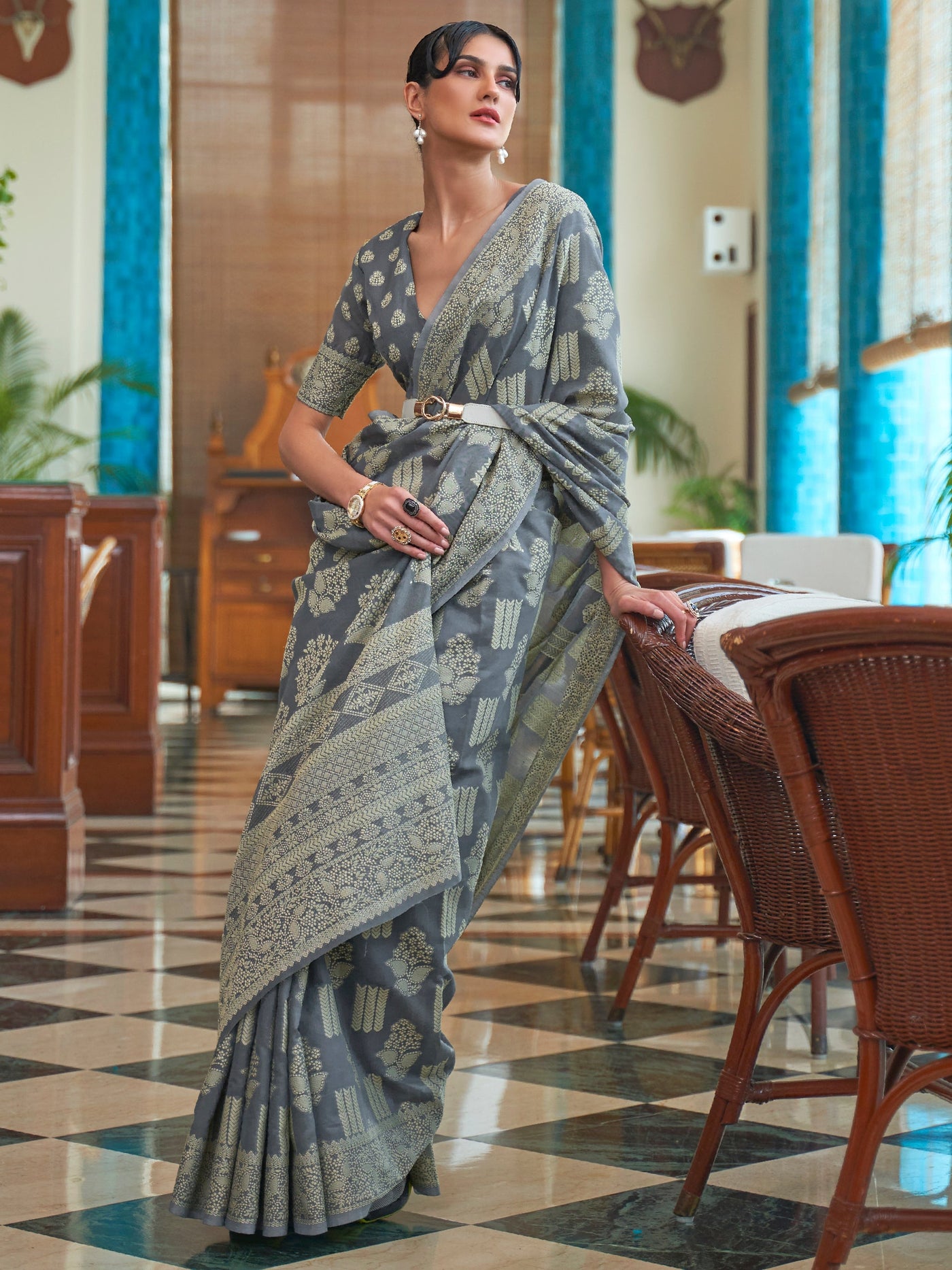 Slate Grey Lucknowi Chikankari Saree | House of Vardha