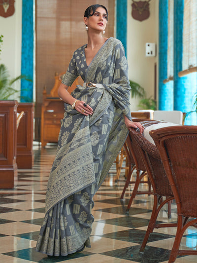 Slate Grey Lucknowi Chikankari Saree | House of Vardha