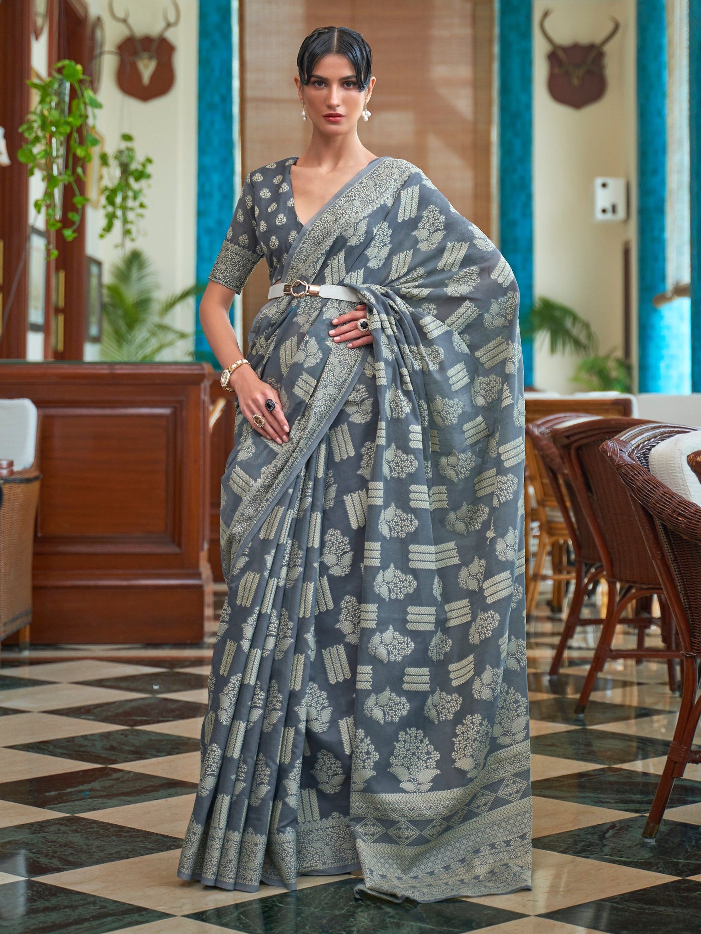 Slate Grey Lucknowi Chikankari Saree | House of Vardha