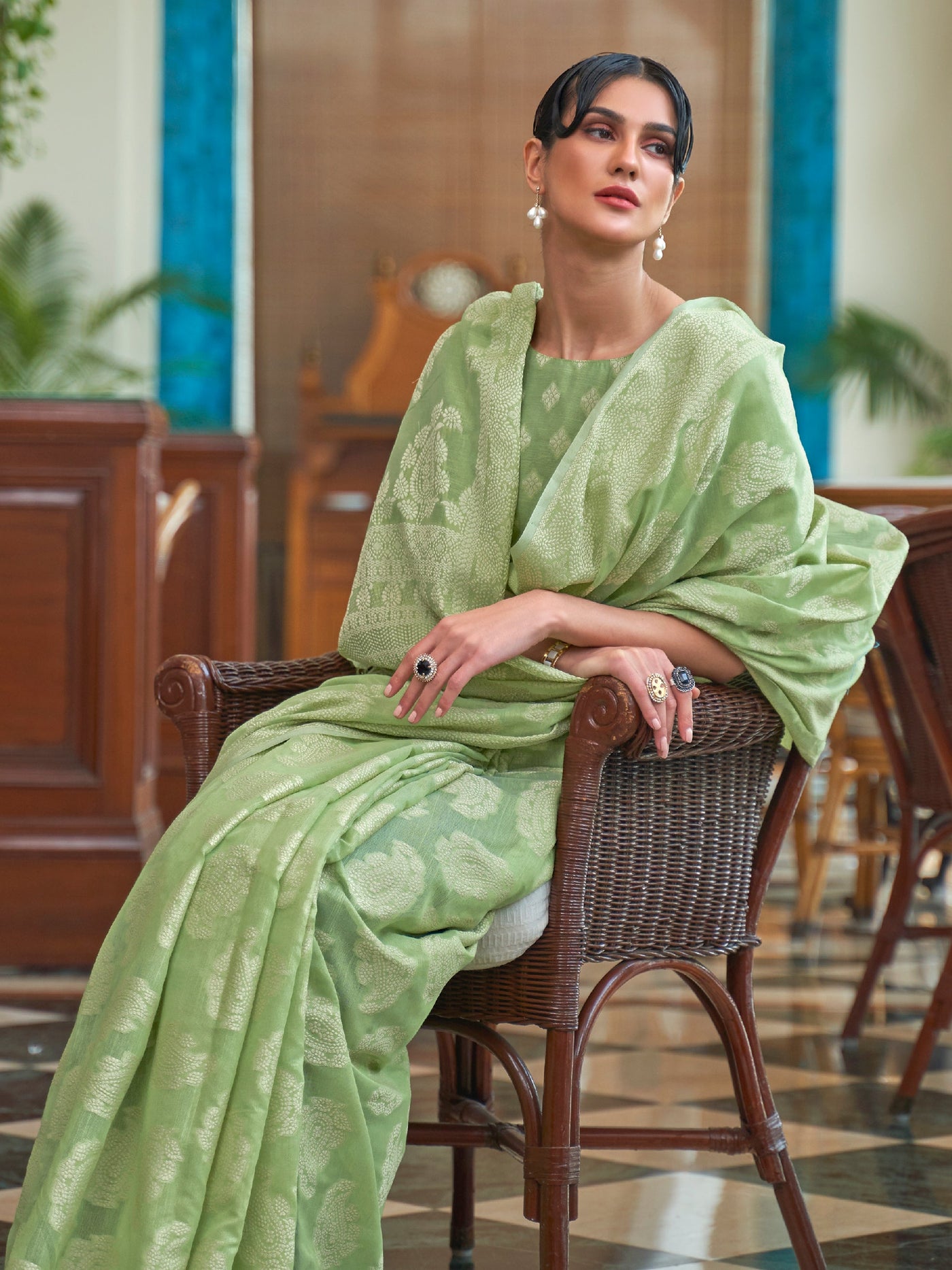 Tea Green Lucknowi Chikankari Saree | House of Vardha