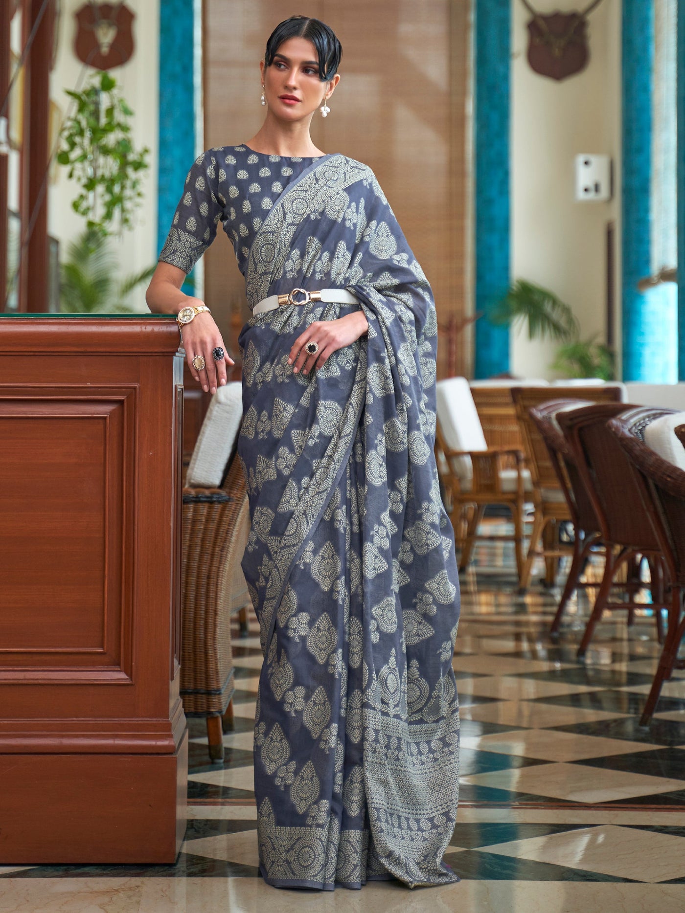 Cadet Grey Chikankari Lucknowi Saree | House of Vardha
