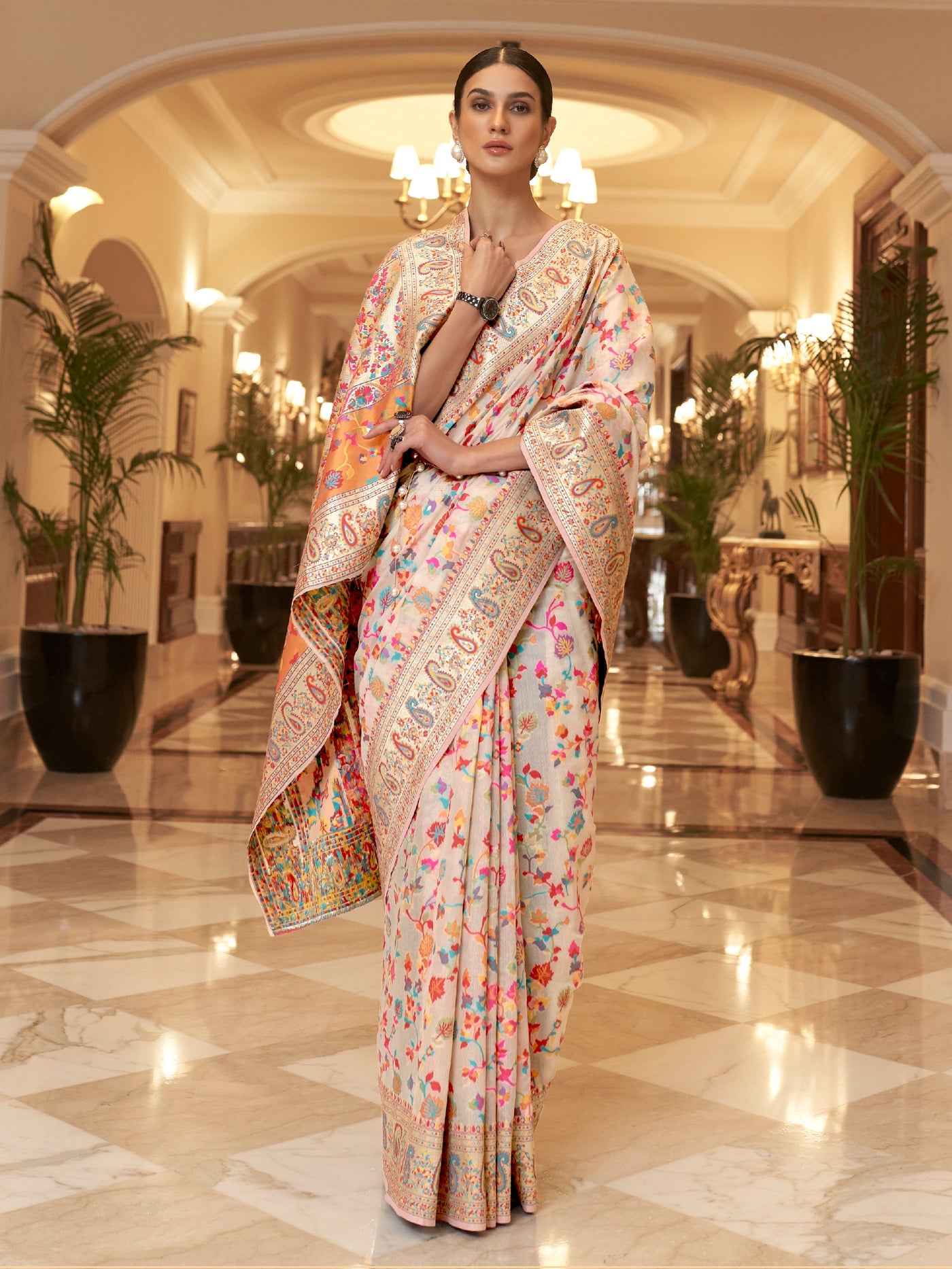 Beige  Pashmina Linen Saree
