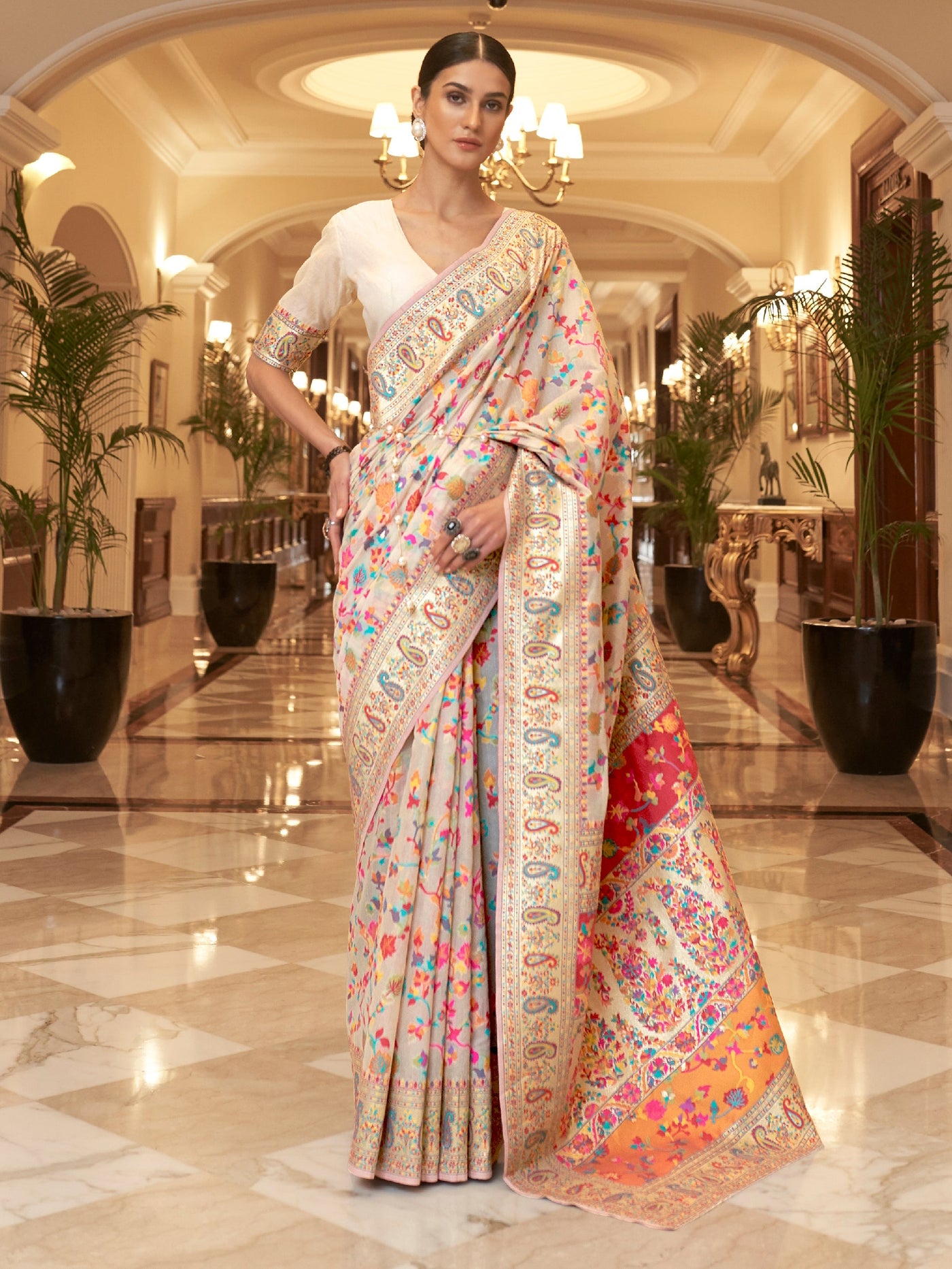 Beige  Pashmina Linen Saree