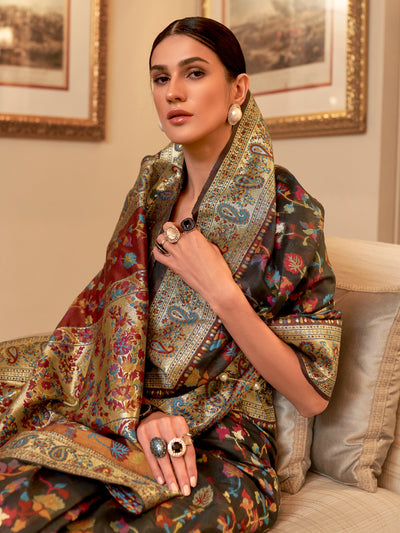 Cocoa Brown Pashmina Linen Saree