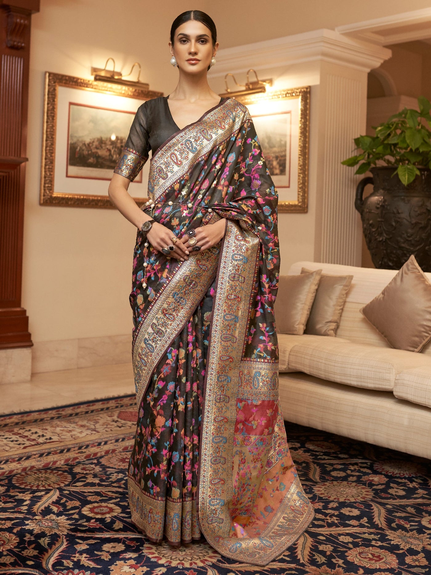 Cocoa Brown Pashmina Linen Saree